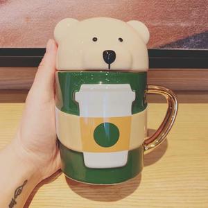 正品星巴克杯子春季新品可爱小熊款马克杯陶瓷水杯带盖296ml