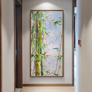liyoxia8淘宝新中式手绘玄关装饰画竖版竹林风景油画轻奢欧式客厅挂