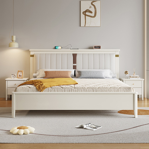 奶油风白色实木床现代简约1.8米美式轻奢双人主卧北欧软包储物床