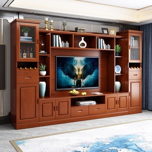 实木电视柜组合客厅背景墙柜多功能储物简约现代书柜一体影视柜子