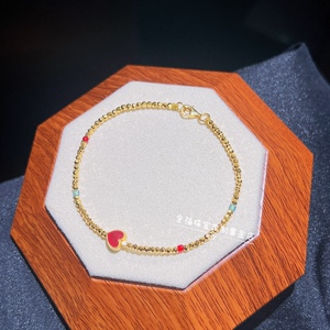 全福珠宝定制 999足金手工金烧蓝黄金小红心切面蹦迪珠金珠手链