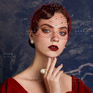 欧美复古红色亚克力钻网纱发夹遮脸面纱发箍大孔头箍写真拍摄发饰