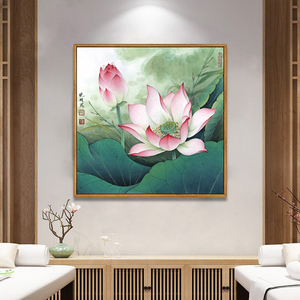 荷花装饰画玄关挂画新中式禅意茶室方形莲花图客厅入户背景墙壁画