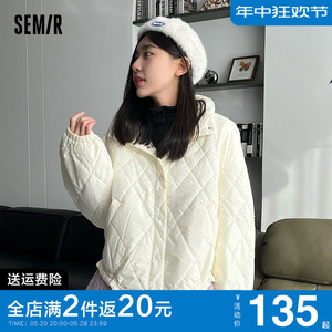 森马棉服女菱形格立领小个子2023冬季新款女装下摆抽绳薄款棉衣潮