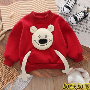 男女儿童小孩宝宝冬季装韩版半高领立体可爱小熊加厚夹绒红色卫衣