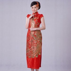 陶玉梅旗袍长款礼服 真丝织锦缎凤凰长旗袍新娘中式礼服e11q111