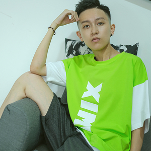 熙米家澳代尔荧光绿假两件中袖t恤les中性风帅t无性别中性