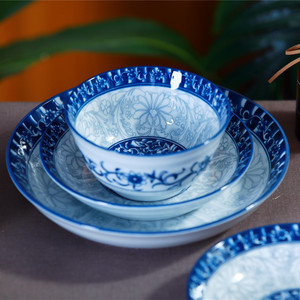 青花瓷中式家用陶瓷碗盘套装饭碗菜盘汤碗釉下彩高脚加厚日用餐具