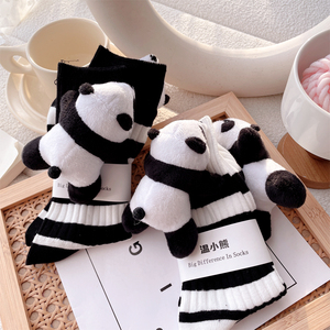 带玩偶的袜子日系甜美可爱立体熊猫公仔中筒袜子女条纹个性百搭潮