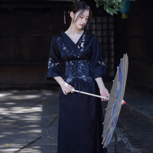 日系和风改良汉服古风汉元素绣花黑色连衣裙小众设计气质修身裙子