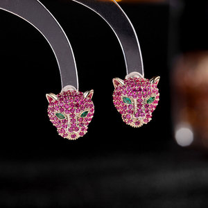 韩国时尚个性创意耳饰可爱小动物微镶彩锆石耳环银针豹子头耳钉女