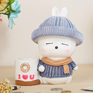树脂工艺品戴帽流氓兔储钱罐笔筒二合一摆件 学生情侣饰品礼品