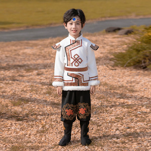 蒙古服装儿童马甲服族舞蹈演出服民族款男童蒙族衣服舞蹈白马服饰