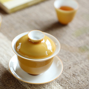 色釉黄色白瓷盖碗大号功夫三才茶碗陶瓷茶具泡茶杯敬茶杯