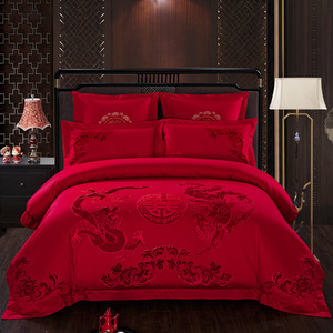 婚庆刺绣四六件套纯棉大红色被罩新人喜被子婚礼新房结婚床上用品