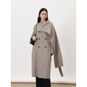 rowi 3色一体式披肩围巾双排扣加厚保暖羊毛双面毛呢大衣外套女冬