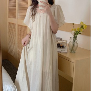 新款简约纯色法式方领全棉麻睡裙女夏季短袖睡衣家居服可外穿长裙