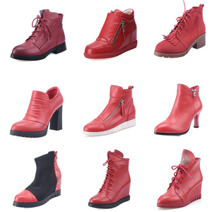 牛皮羊皮Scienic专柜33-39坡跟短靴女春瘦瘦靴尖头鞋红色低跟靴子