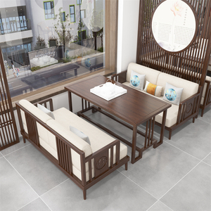 新中式茶楼沙发客栈茶室售楼部接待洽谈白蜡木卡座桌组合实木家具