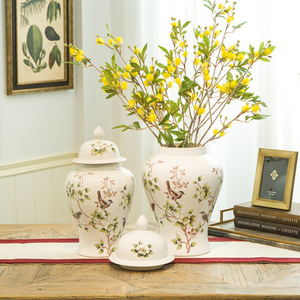 将军罐陶瓷摆件现代简约插花花瓶白色花鸟室内装饰工艺品陶瓷摆件