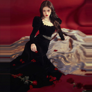 鞠婧祎同款高端宴会名媛气质黑色丝绒长袖显瘦法式丝绒礼服连衣裙