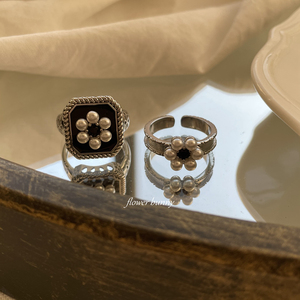 古着开口均码戒指银色法式黑优雅宫廷花卉小众不撞款珍珠做旧赫本