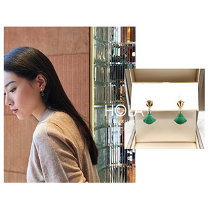 正品现货宝格丽diva系列18k玫瑰金绿扇子小裙子形耳环钉