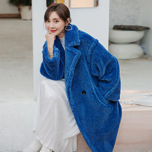 设计师定制秋冬新款名媛大牌纯色宝蓝色泰迪绒保暖羊剪毛外套大衣