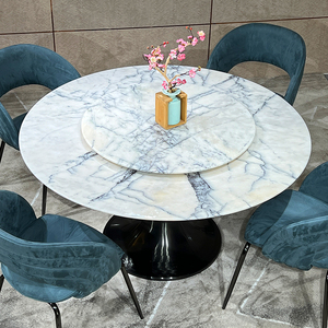 天然香雪梅大理石圆餐桌带转盘8-10人轻奢中式奢石餐台私人订制