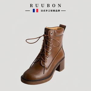ruubon24新款高端靴子复古棕色短靴女高跟真皮系带马丁靴粗跟女靴