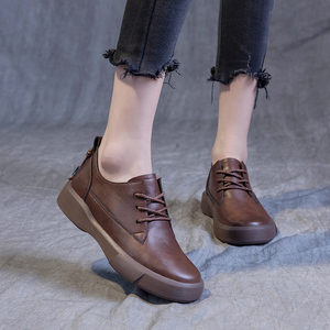 真皮单鞋女鞋2022年春季复古平底百搭圆头厚底软底英伦风小皮鞋女