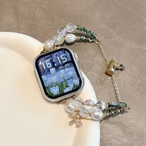 适用于苹果手表iwatch表带珍珠女款夏季applewatch手表带花朵吊坠