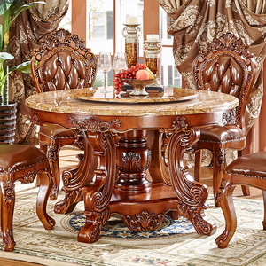 现货欧式全实木餐桌豪华别墅圆桌椅组合高档大理石面餐台1.8米