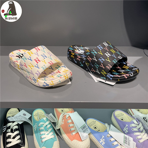 韩国正品代购mlb拖鞋凉鞋男女款老花三彩ny一字拖鞋时尚舒适潮ins