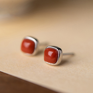 天然南红玛瑙s925纯银耳钉女中国风耳饰复古小巧简约文艺百搭耳环