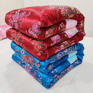 红被子结婚喜被手工棉花被老式包边丝绸绸缎传统纯棉龙凤乡村复古