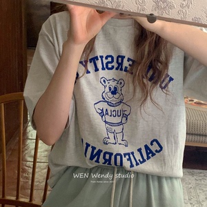 已订~韩国东大门代购 ucla可爱小熊字母印花 圆领短袖t恤