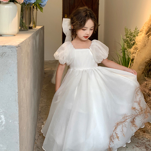 女童钢琴表演白纱花童婚礼小女孩公主裙高端儿童白色连衣裙送头纱