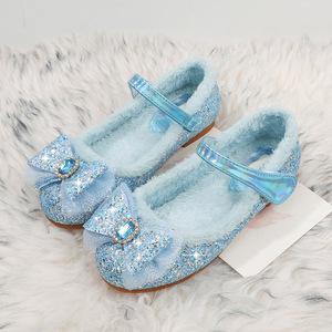 爱莎公主鞋冬水晶软底配礼服低跟宝宝毛毛鞋子艾沙女童百搭小皮鞋