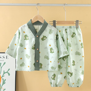 婴儿衣服夏季睡衣儿童薄款开衫九分袖空调服男童女宝宝家居服套装