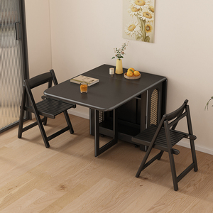 可折叠黑色岩板餐桌桌椅可收纳家用小户型省空间实木饭桌带电磁炉
