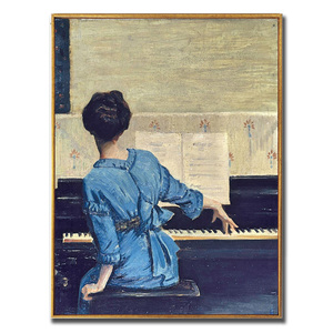 蓝衣服女孩弹钢琴油画壁画竖版装饰布画挂画玄关