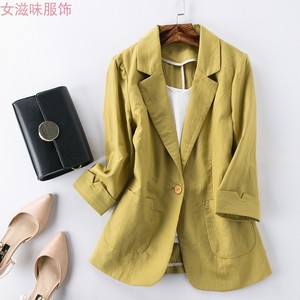姜黄色亚麻小西装外套女夏季薄款韩版修身显瘦气质七分袖西服上衣