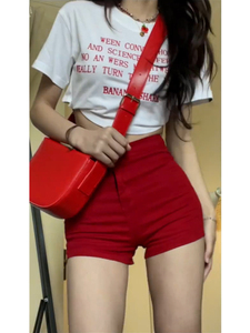 红色辣妹牛仔短裤女夏季新款美式复古高腰直筒显瘦外穿包臀热裤子