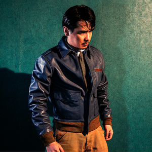 莫臣 男士头层牛皮蓝色a2皮夹克外套真皮皮衣