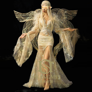 影楼网红女神写真礼服精灵主题轻奢服装羽毛高定蕾丝性感金色翅膀