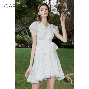 CAROLINE卡洛琳2023夏季新款甜美荷叶边白色气质连衣长裙ECRDBA60