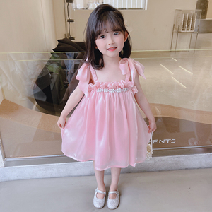 公主裙女童吊带连衣裙夏季新款洋气宝宝夏装儿童粉色背心珍珠裙子