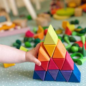 彩虹积木实木大三角形儿童构建拼搭蒙氏幼儿园早教木制玩具华德福