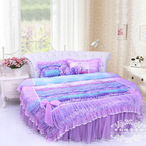 紫色纯棉圆床四件套 圆形床4件套 公主风薰衣草蕾丝床品套件